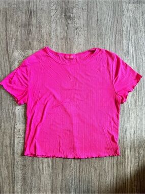 Nuuds Hot Pink Ribbed Lettuce Trim Short Sleeve Top